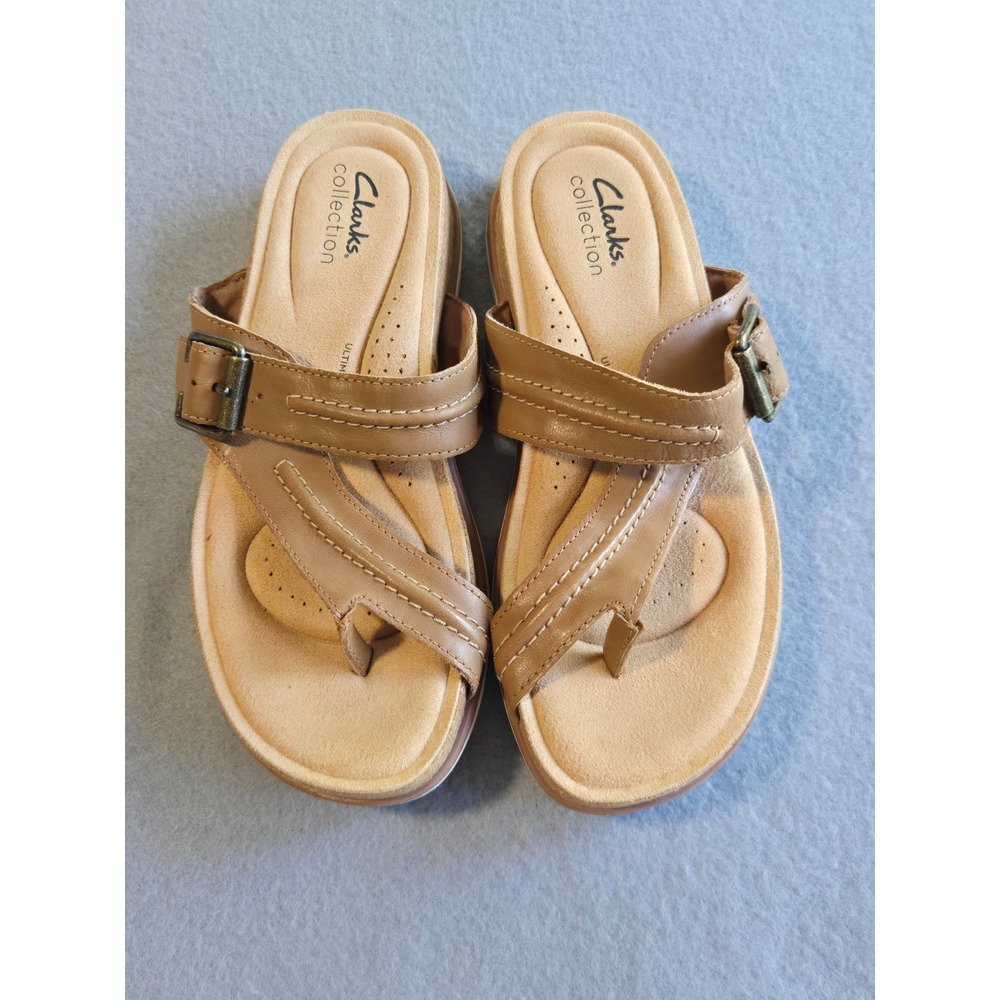 Clarks Ultimate Comfort Sandals Womens 7 Tan Buckle Thong Platform 261651714045